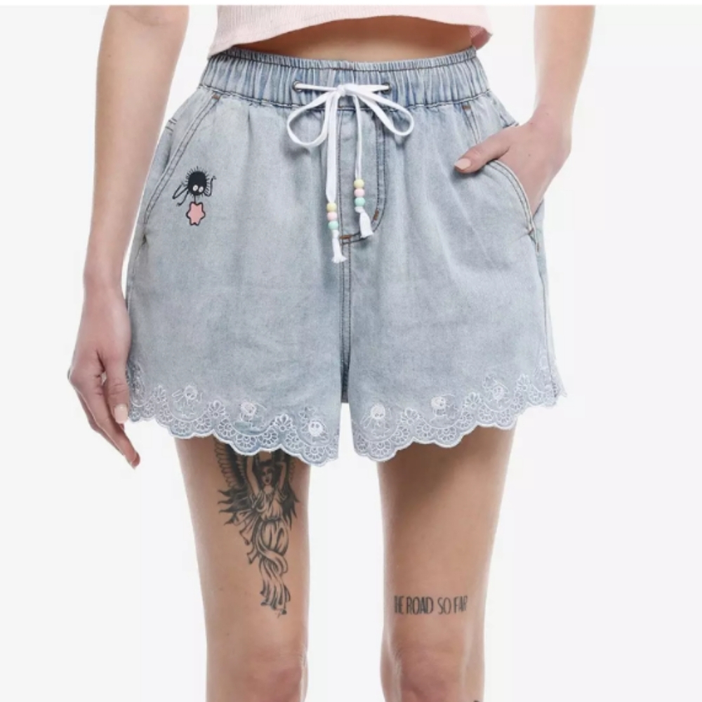 Her Universe Studio Ghibli Spirited Away Soot Sprites Lace Eyelet Denim Shorts